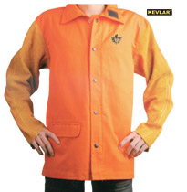 橙紅色防火布配金黃色皮袖焊接服